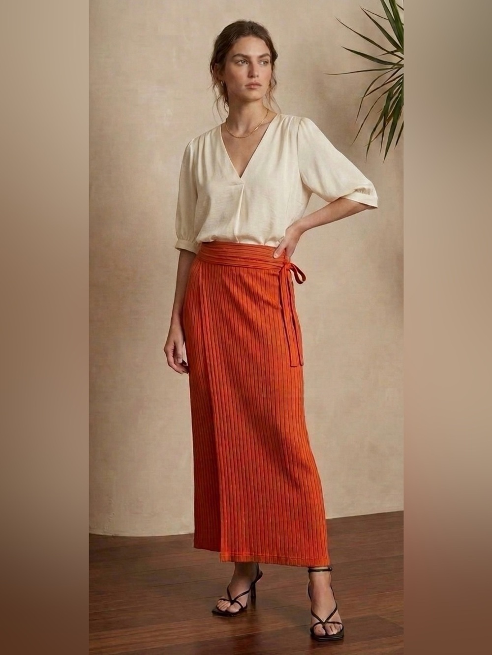 Club Monaco Women’s M Shine Wide Ribbed Midi Wrap Skirt Sunrise Orange